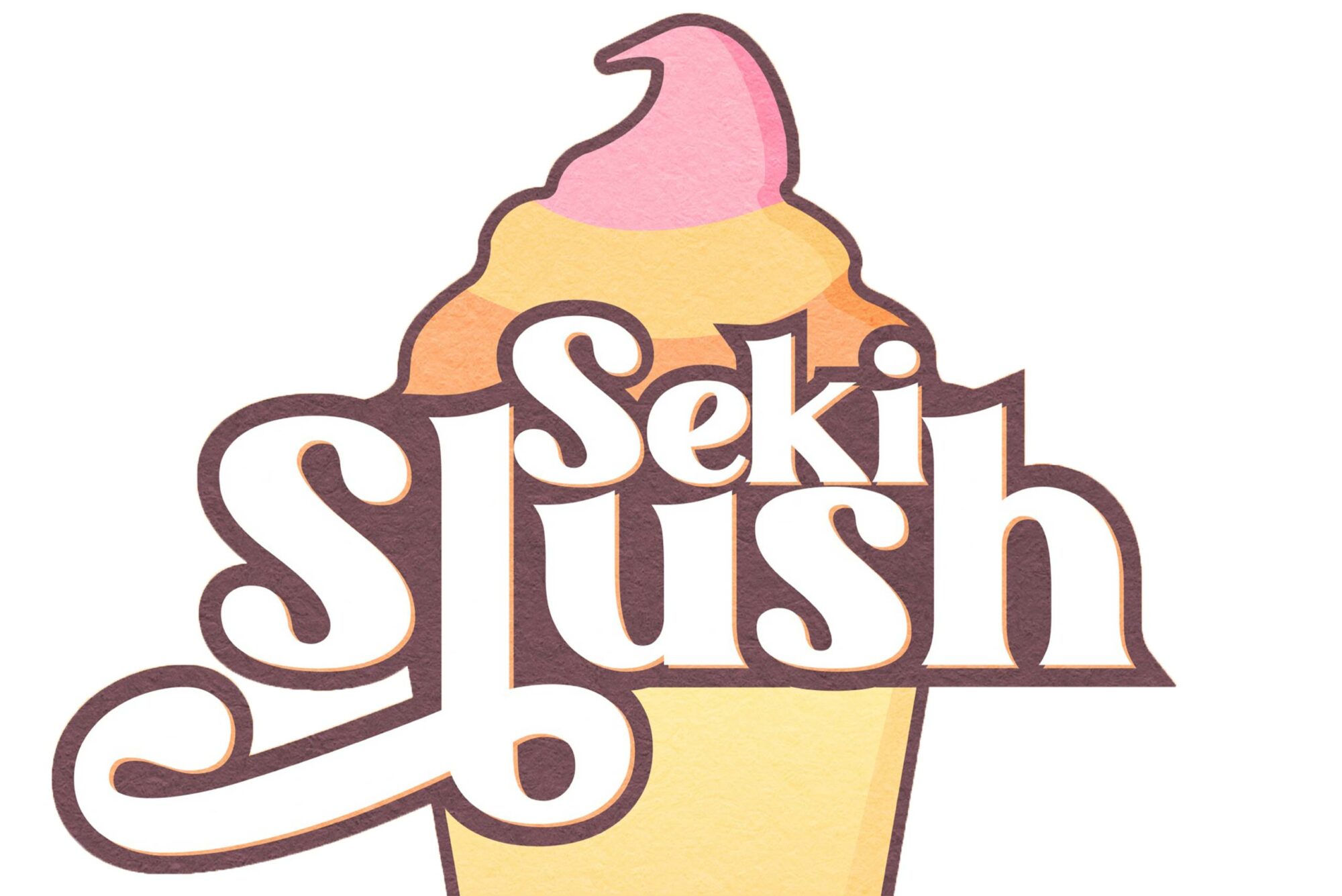 Logo for Seki Slush, featuring a cartoon slushie with pink, yellow, and orange swirls in a cup.
